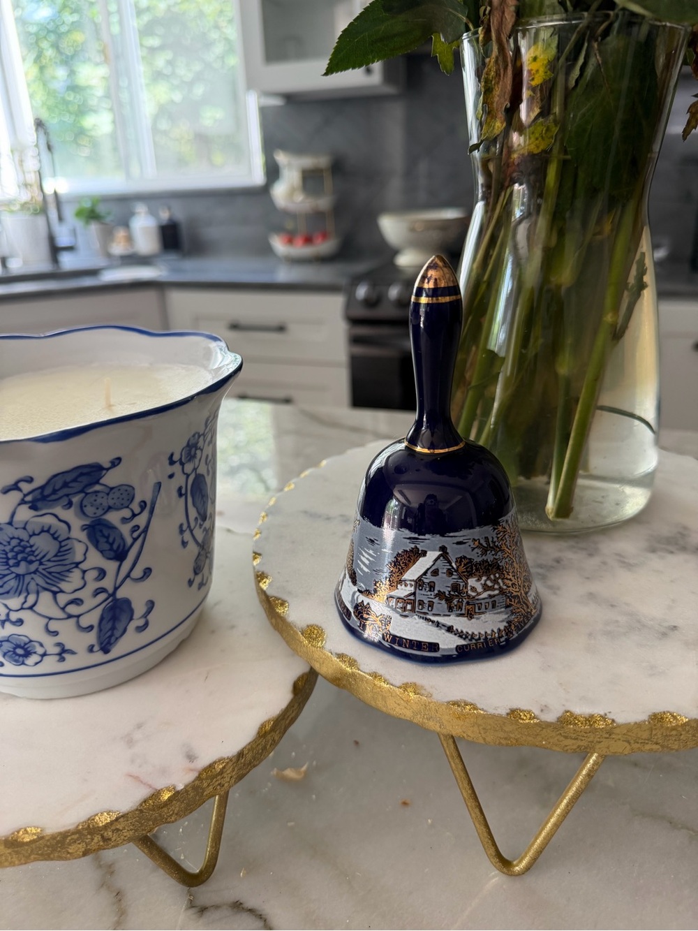 Currier & Ives Decorative Porcelain Bell in Navy & Gold The Homestead in Winter